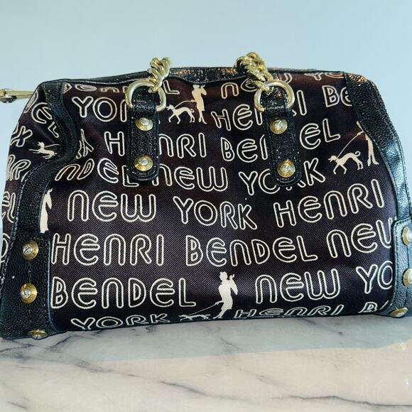 Henri Bendel Signature Brown Logo Speedy Satchel Large Handbag 13"x7x8 Gold - Picture 13 of 13